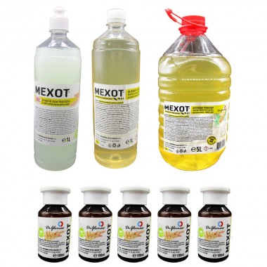 Pachet solutii dezinfectante, Mexot - Gel cu alcool  1L+5 buc. 100ml, Mexot - Solutie Concentrata pentru Suprafete, 1L+5L